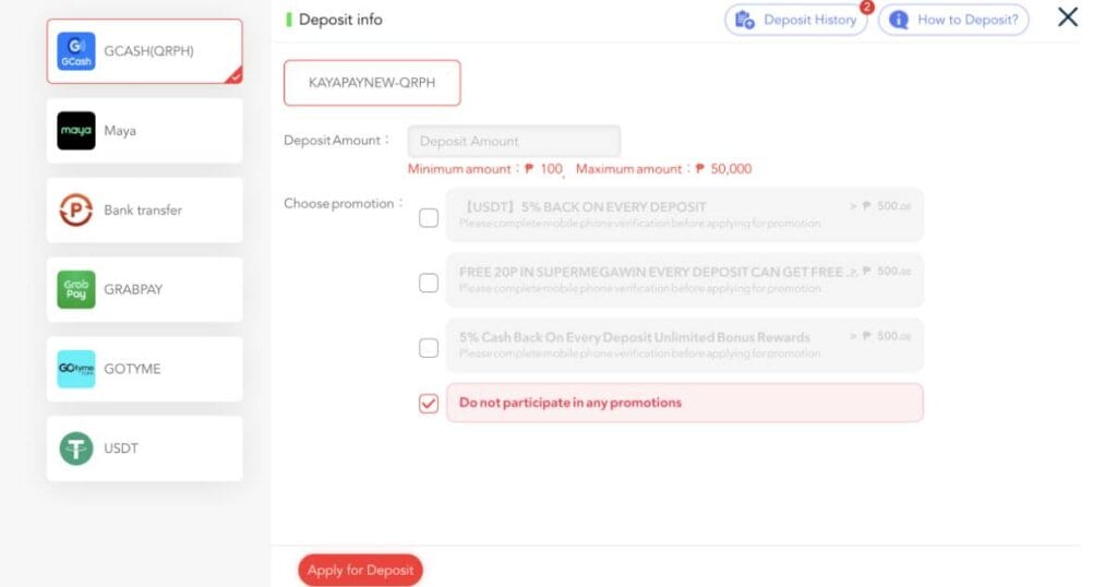 TripleWin888 Cash In (Deposit) Page